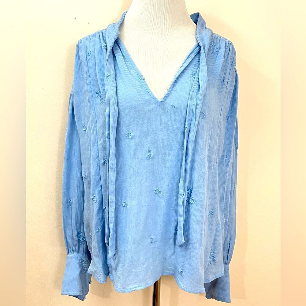 Free People Wishful Moments Pale Blue Gauzy Rayon Top With Self Tie M